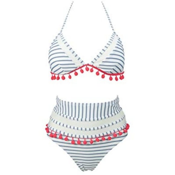 COCOSHIP GRAY STRIPE POM POM TWO PIECE SWIMSUIT - Picture 2 of 4